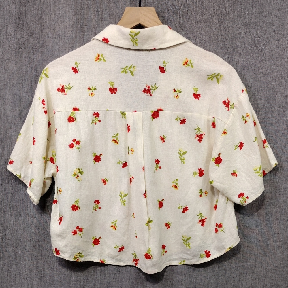 Forever 21 Linen Blend  Floral Button Up Shirt Womens S White Red Cottagecore - Picture 5 of 8